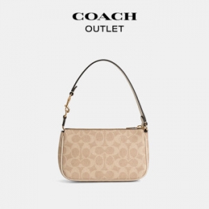蔻驰（COACH）【礼物】奥莱女士经典标志老花NOLITA 19号手袋腋下包斜挎单肩包 IM/沙黄色/粉笔白色